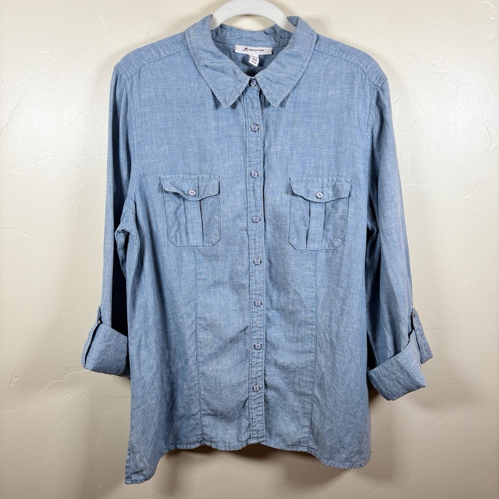 JM Collection Top Women's 16 Blue Chambray 100% Linen Roll Tab Sleeve Coastal